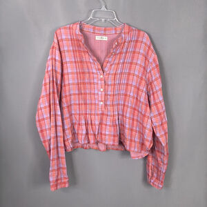 Natural Life Top Womens XL Pink Cotton Plaid Henley Y2K Peplum Crinkle Gauzy